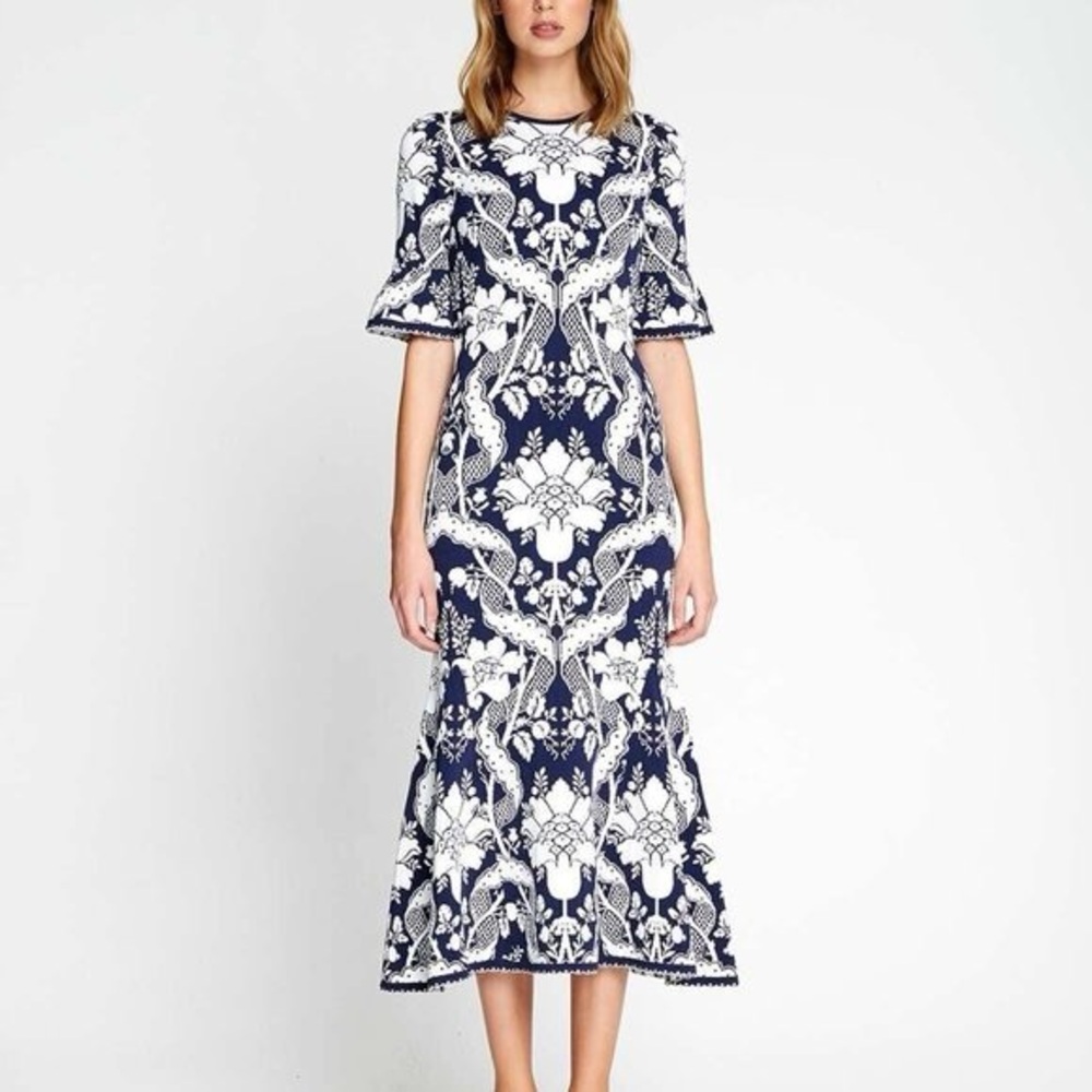 Navy and White Floral Midi Dress—Sitting Pretty